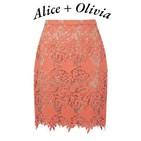 Alice + Olivia Orange Lace Floral Pencil Skirt Size 2 Designer Statement - Picture 1 of 10